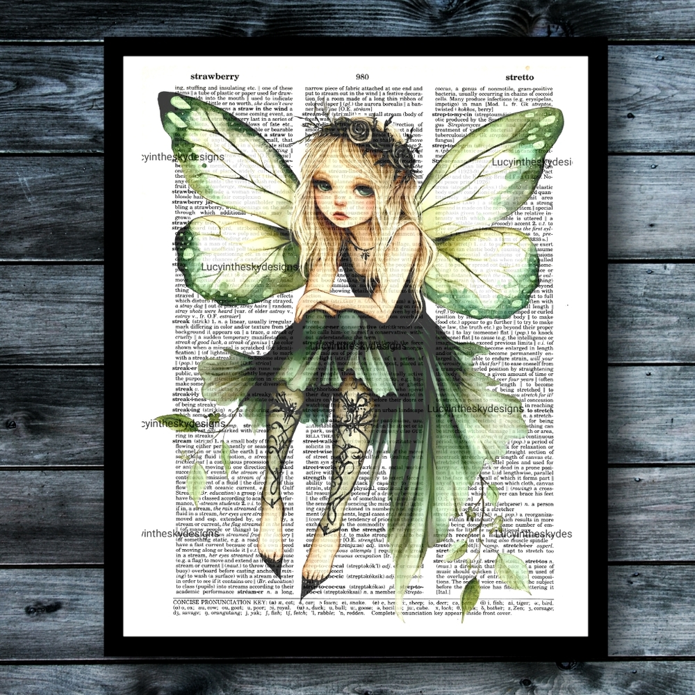 Fairy Art on Vintage Dictionary Book Page Green Nature Spirit Unique Decor
